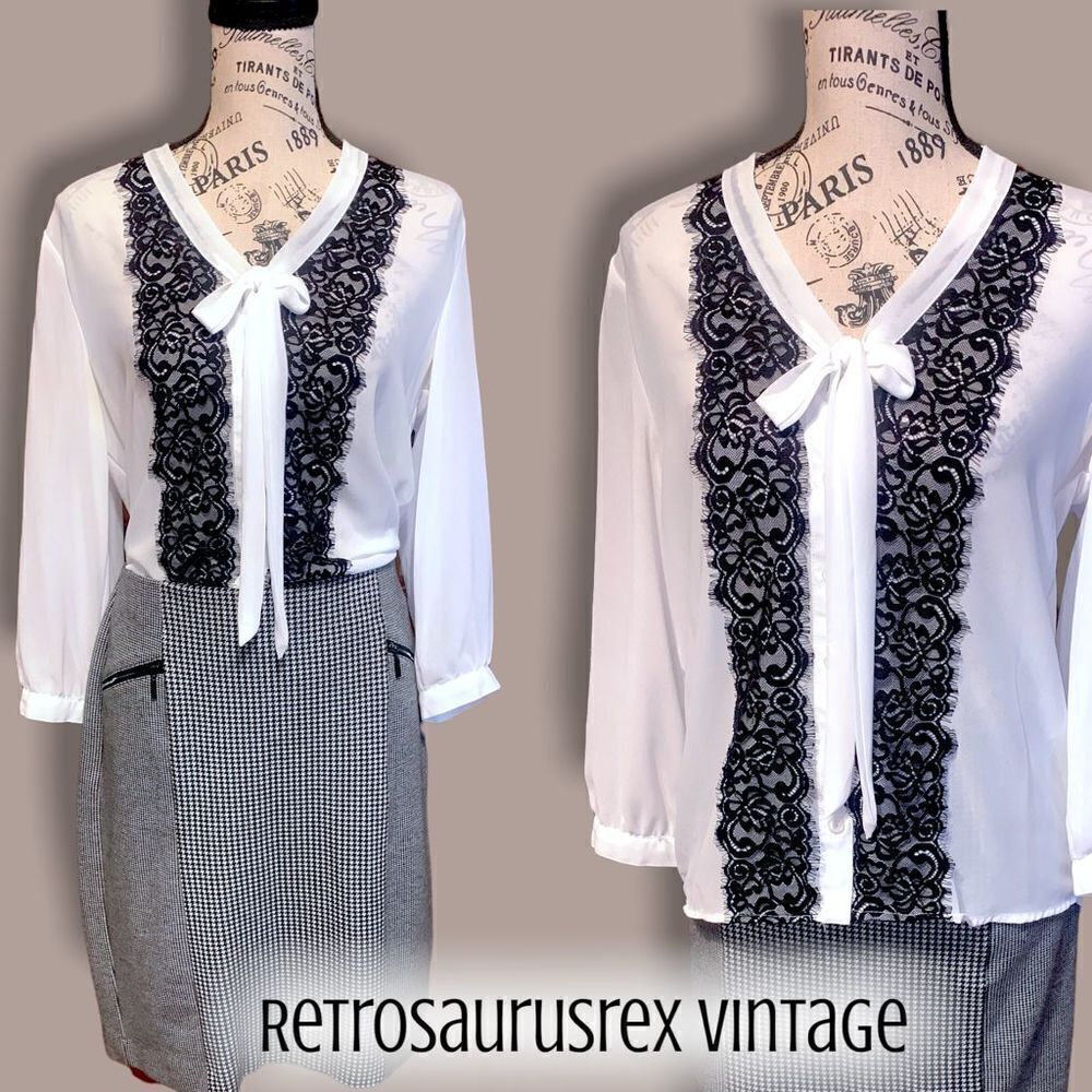 Takara Twee Retro Tuxedo Vintage Style Sheer Bow Blouse, Medium